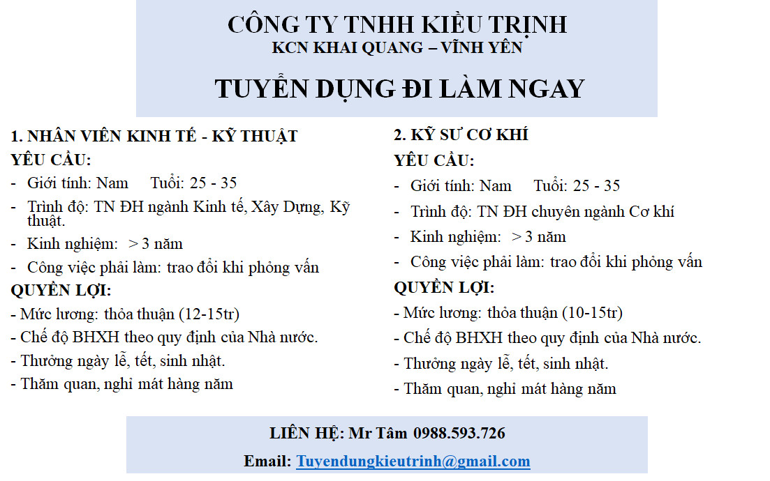 Tuyển Dụng Nv Kinh Tế Kỹ Sư Cơ Khí